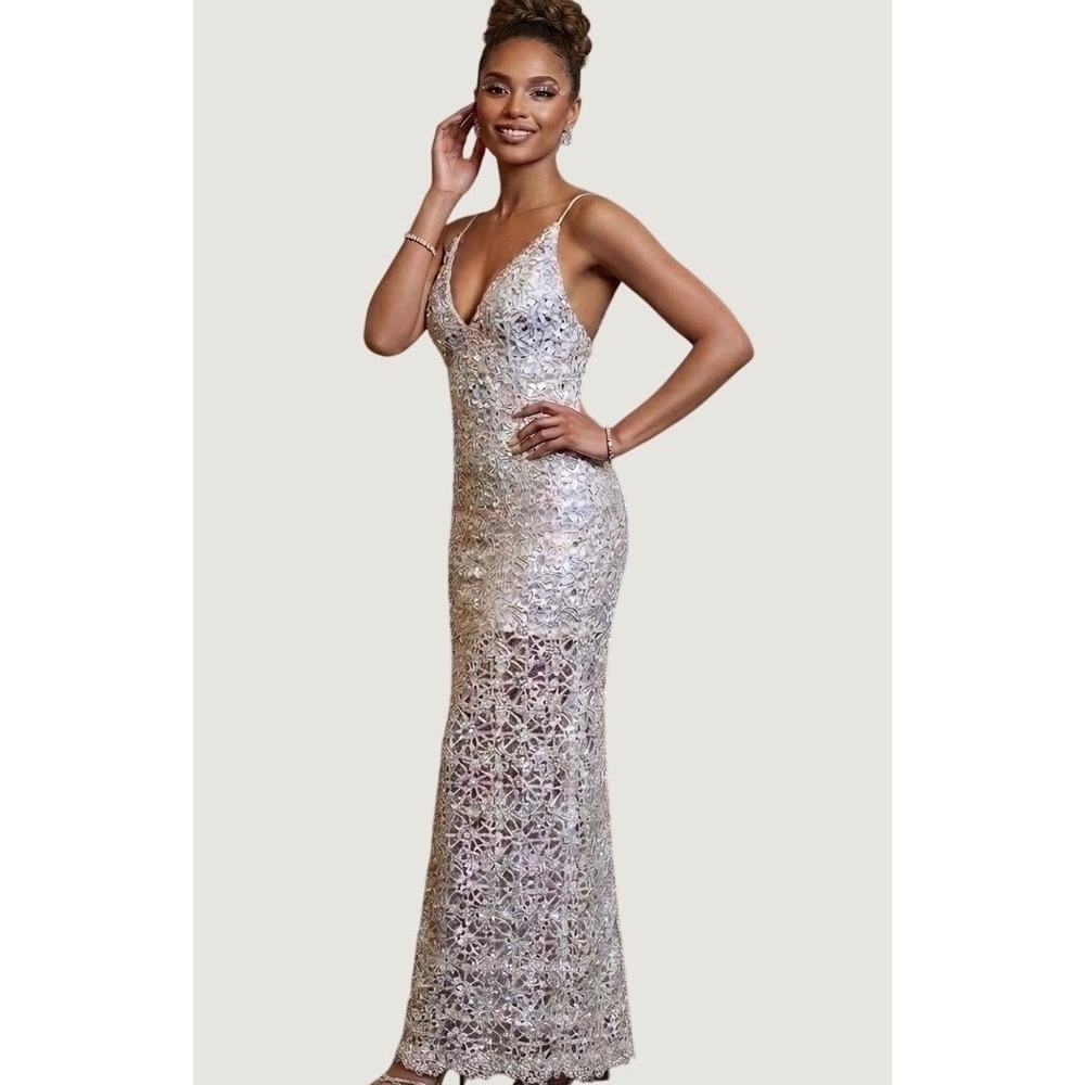 Forever 21 Wmn Sequin Lace Maxi Dress Silver V-Neck Sleeveless Prom Formal SzS